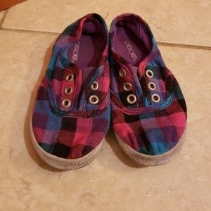 Pink and blue plaid slip on sneakers